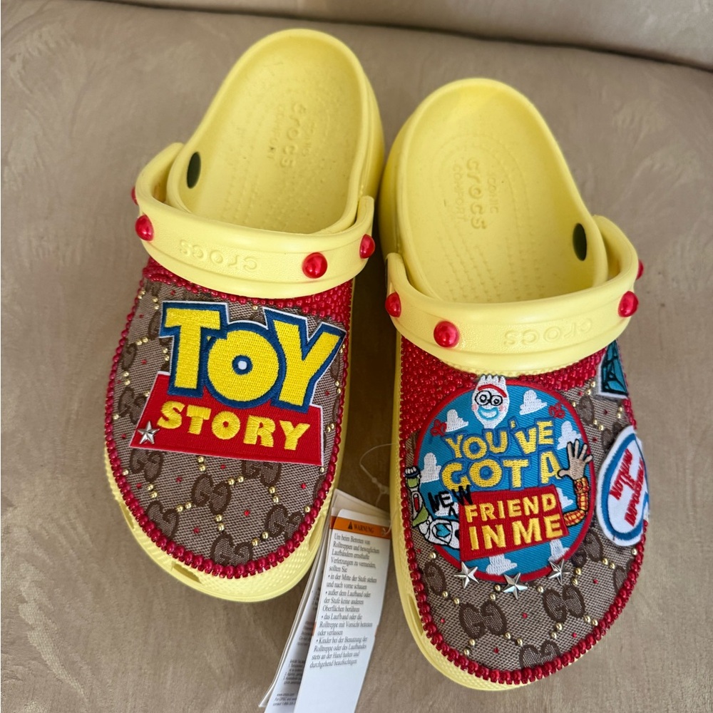 CROCS Yellow Toy Story Clogs with Fun Patches and upcycled gucci canvas